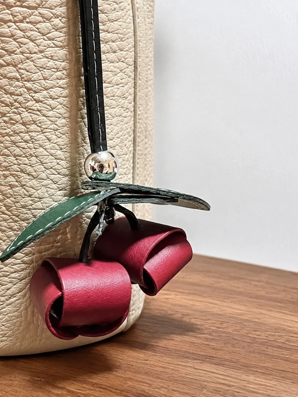 Beige Leatherette Shoulder Bag with Flower Charm